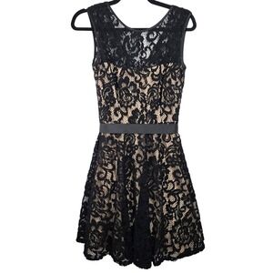 Betsy And Adam Black Tan A-Line Lace‎ Dress Sheer Lace V Back Belted Size 4